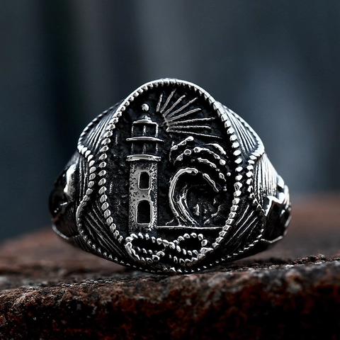 Bague Phare en Acier Inoxydable Vintage pour Hommes Motif de Vagues Nautiques Anneau Style Punk Rétro Bijoux Biker