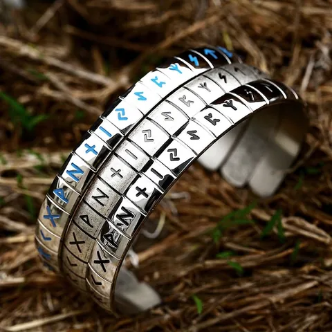 Vintage Nordic Viking Rune Stainless Steel Bangle For Men Retro Antique Silver Open Cuff Bracelet Hand Jewelry Gift