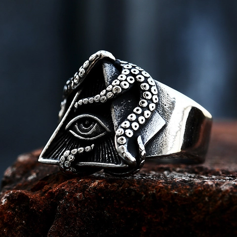 Vintage Stainless Steel Octopus All-Seeing Eye Ring Gothic Punk Pyramid Evil Eye Jewelry For Men Antique Silver Band