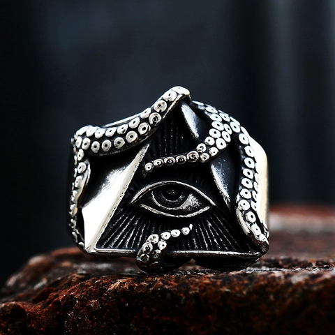 Vintage Stainless Steel Octopus All-Seeing Eye Ring Gothic Punk Pyramid Evil Eye Jewelry For Men Antique Silver Band