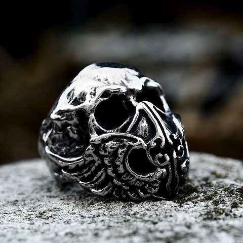 Men Vintage Gothic Skull Ring Stainless Steel Punk Rock Distressed Skeleton Wing Band Ring Hip Hop Biker Finger Jewelry
