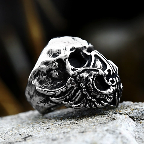 Men Vintage Gothic Skull Ring Stainless Steel Punk Rock Distressed Skeleton Wing Band Ring Hip Hop Biker Finger Jewelry