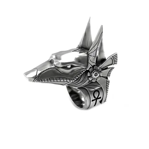 Anello Vintage in Acciaio Inossidabile Anubis Testa di Lupo Simbolo Egiziano Ankh Punk Gothic Gioielli Totem Religiosi da Uomo