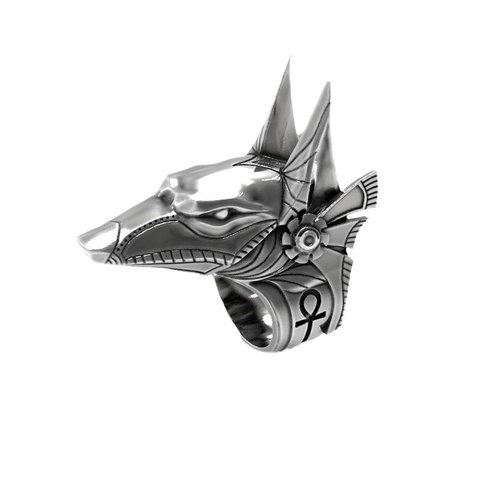 Anello Vintage in Acciaio Inossidabile Anubis Testa di Lupo Simbolo Egiziano Ankh Punk Gothic Gioielli Totem Religiosi da Uomo