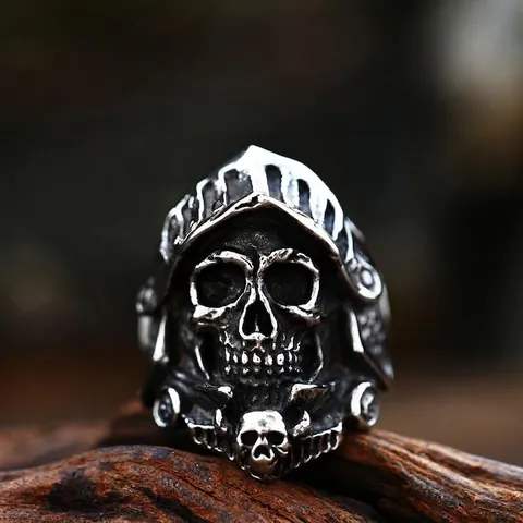Vintage Gothic Stainless Steel Skull Knight Helmet Ring Men's Punk Biker Warrior Rings Party Jewelry Accessory