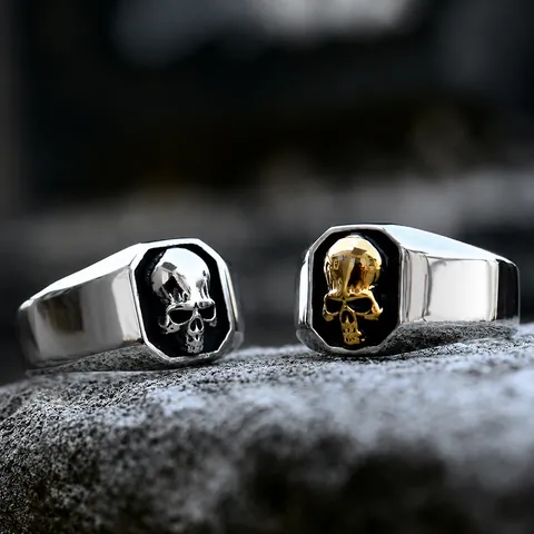 Men Punk Gothic Skull Stainless Steel Ring Octagonal Signet Biker Ring Two Tone Gold Silver Relief Hip Hop Jewelry For Men
