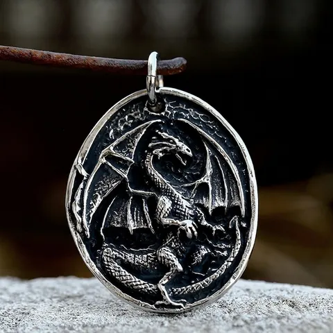 Vintage Edelstahl Westlicher Drachenrelief Ovaler Anhänger Gotik Punk Schmuck Für Herren Anhänger Ohne Kette