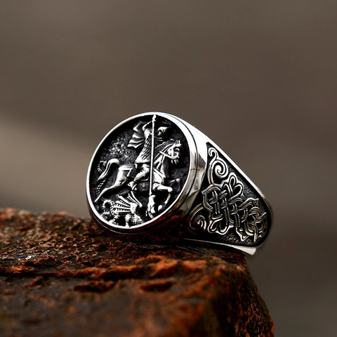 Vintage Stainless Steel St George Slaying The Dragon Knight Horse Ring For Men Viking Celtic Knot Relief Signet Biker Jewelry