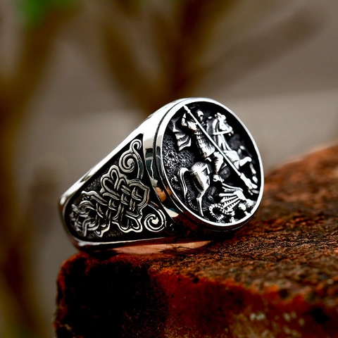 Vintage Stainless Steel St George Slaying The Dragon Knight Horse Ring For Men Viking Celtic Knot Relief Signet Biker Jewelry