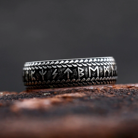 Viking Noordse Runenring Voor Heren Vintage Titaniumstaal Verweerd Gevlochten Patroon Punk Rock Band Sieraden Cadeau