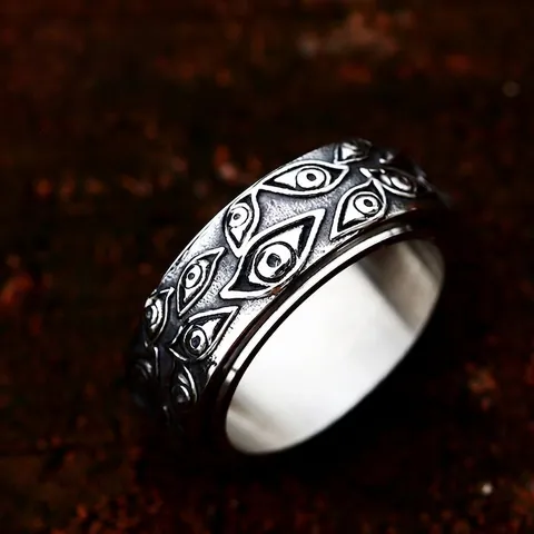 Anello Spinner Gotico Vintage Malocchio per Uomo in Acciaio Inossidabile Retro Punk Rotante Fascia Larga Gioielli Regalo