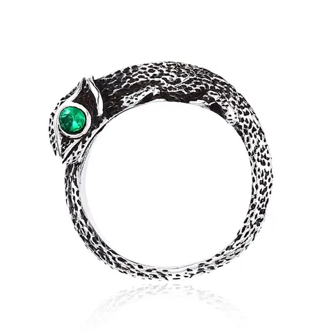 Vintage Stainless Steel Lizard Chameleon Ring For Men Gothic Punk Animal Wrap Ring With Green Zirconia Eye Retro Oxidized Finish Jewelry
