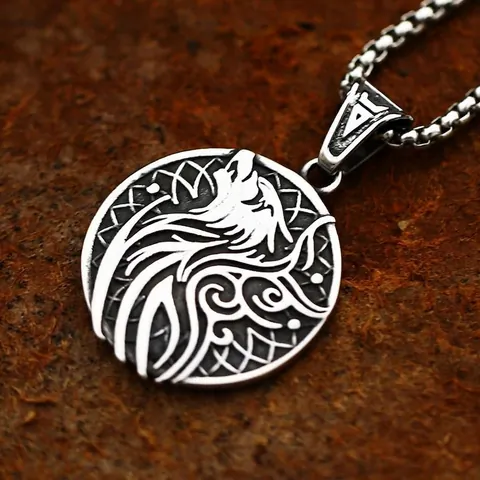 Ciondolo Vintage Vichingo Testa di Lupo Acciaio Inossidabile Rune Valknut Stile Nordico Gioielli Accessori Uomo Donna Solo Ciondolo