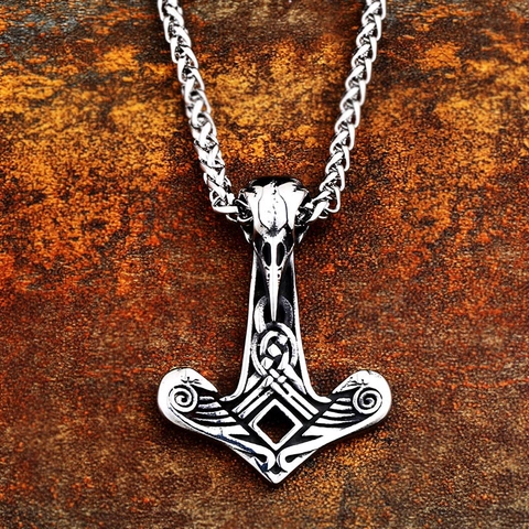 Viking Raven Skull Thor Hammer Mjolnir Pendant Retro Stainless Steel Norse Mythology Gothic Men Jewelry Pendant Only