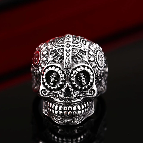 Anello in Acciaio Inossidabile a Forma di Teschio Con Croce per Uomo Gothic Punk Sugar Skull Incisione Floreale Biker Gioielli