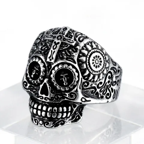 Anello in Acciaio Inossidabile a Forma di Teschio Con Croce per Uomo Gothic Punk Sugar Skull Incisione Floreale Biker Gioielli