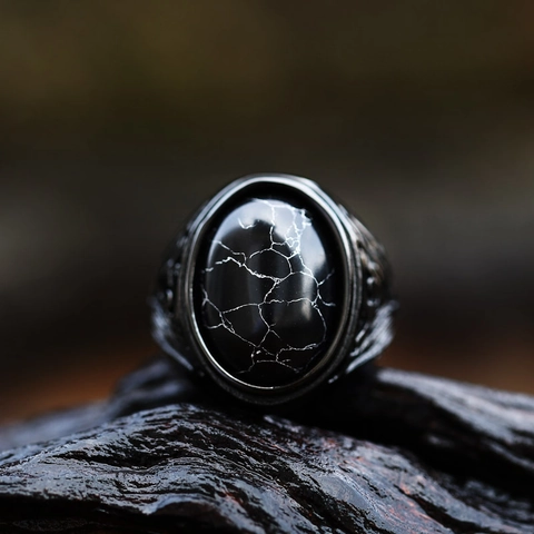 Anello in Acciaio Inossidabile Vintage da Uomo Con Pietra Turchese Nera Artificiale Ovale Motivo Inciso Gotico Punk Biker Gioielli