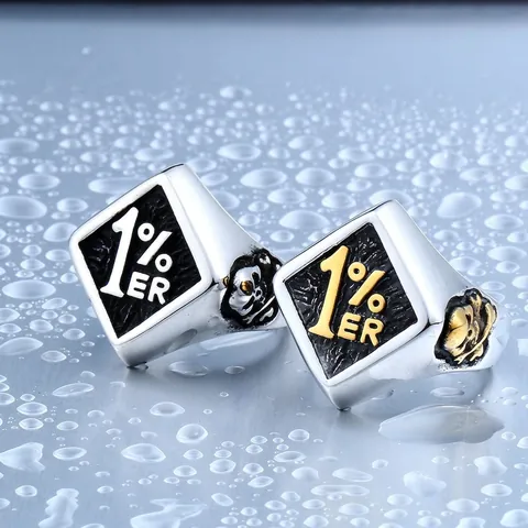 Vintage Men Titanium Steel Signet Ring Gold Silver Two Tone 1% ER Letter Skull Punk Biker Fashion Finger Ring Jewelry