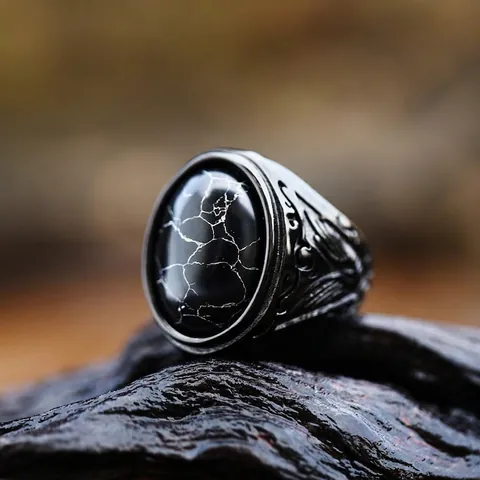 Anello in Acciaio Inossidabile Vintage da Uomo Con Pietra Turchese Nera Artificiale Ovale Motivo Inciso Gotico Punk Biker Gioielli