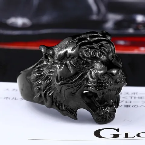 Vintage Stainless Steel Tiger Head Ring For Men Retro Punk 3D Relief Animal Biker Finger Ring Gold Black Jewelry Accessory