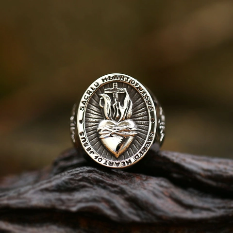 Men's Vintage Stainless Steel Sacred Heart of Jesus Ring Retro Cross Embossed Polished Religious Christian Jewelry Band Ring