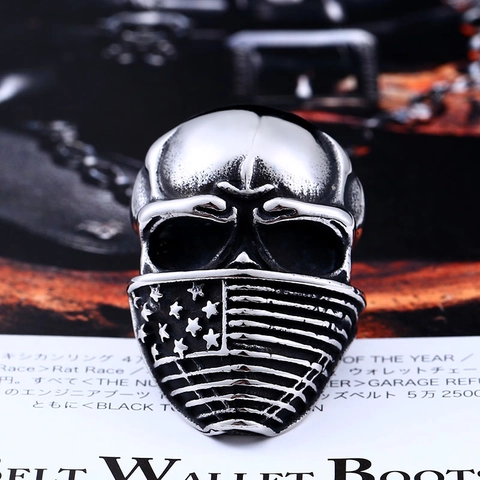 Anello in Acciaio Inossidabile Vintage Con Teschio e Maschera Motivo Bandiera Americana Punk Biker Rock Gotico Gioielli Uomo