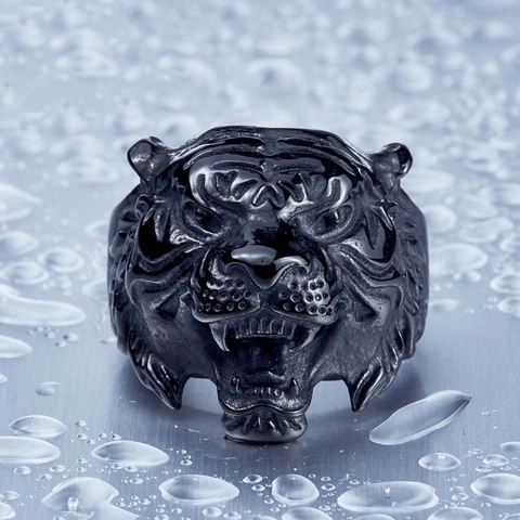 Vintage Stainless Steel Tiger Head Ring For Men Retro Punk 3D Relief Animal Biker Finger Ring Gold Black Jewelry Accessory