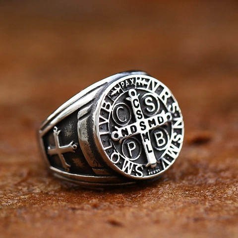 Vintage Benedictuspenning Kruis Ring Voor Heren Roestvrij Staal Gothiek Religieus Zegelring Antiek Zilveren Ring
