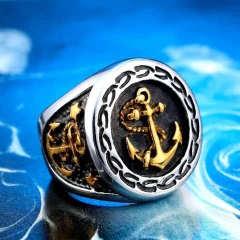 Vintage Nautischer Anker Siegelring Für Herren Zweifarbiger Edelstahl Retro Seemann Stil Schmuck Geschenk Zubehör