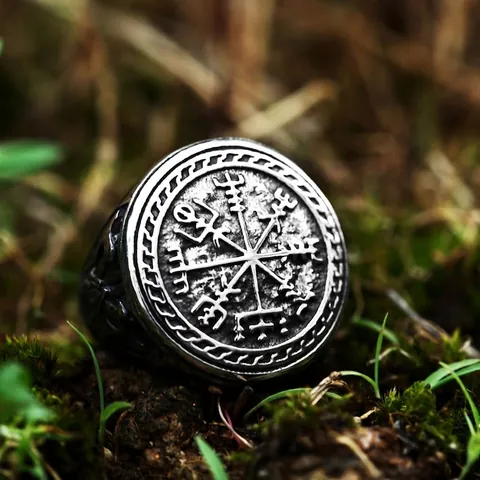 Vintage Viking Vegvisir Compass Stainless Steel Ring Nordic Mythology Double Axe Valknut Signet Ring Punk Jewelry For Men