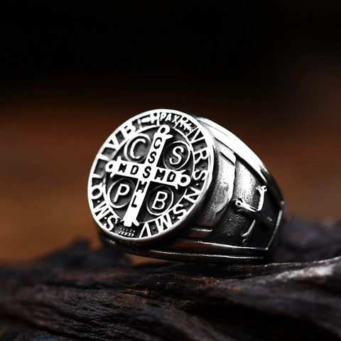 Vintage Benedictuspenning Kruis Ring Voor Heren Roestvrij Staal Gothiek Religieus Zegelring Antiek Zilveren Ring