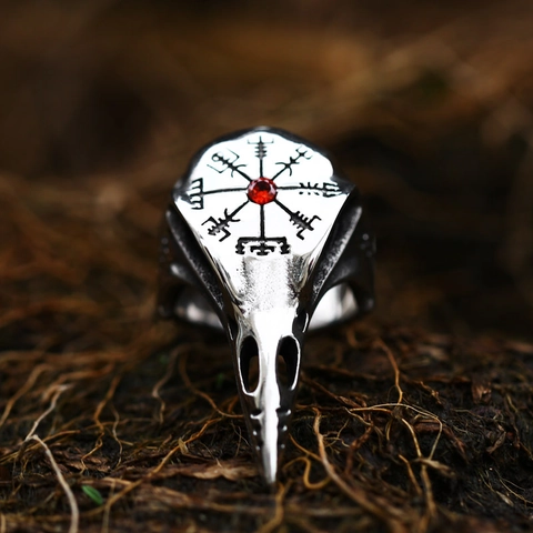 Vintage Stainless Steel Viking Raven Skull Ring With Red Black Gemstone Vegvisir Compass Gothic Punk Biker Men Jewelry