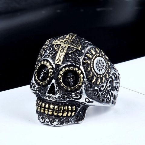 Vintage Gothic Skull Ring For Men Stainless Steel Cross Engraved Two Tone Silver Gold Punk Rock Biker Band Jewelry Gift