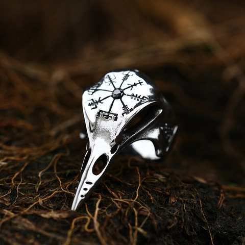 Vintage Stainless Steel Viking Raven Skull Ring With Red Black Gemstone Vegvisir Compass Gothic Punk Biker Men Jewelry