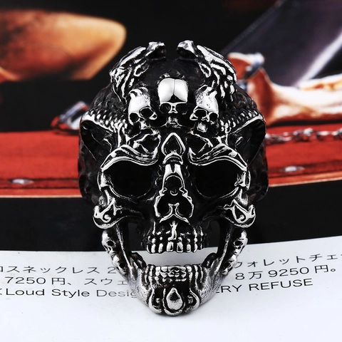 Vintage Roestvrij Staal Schedel Ring Heren Gothic Punk Heavy Metal Skelet Vingerring Retro Biker Sieraden Cadeau Staalkleur