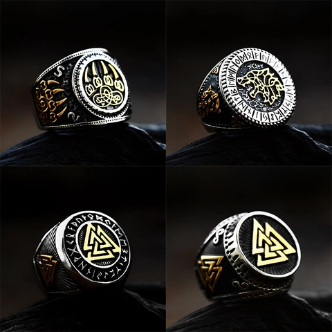 Nordic Viking Retro Stainless Steel Signet Ring For Men Two-Tone Valknut Wolf Head Bear Claw Rune Alphabet Punk Jewelry