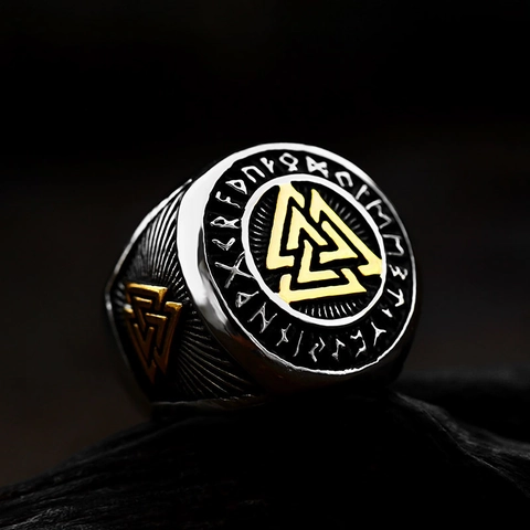 Nordic Viking Retro Stainless Steel Signet Ring For Men Two-Tone Valknut Wolf Head Bear Claw Rune Alphabet Punk Jewelry