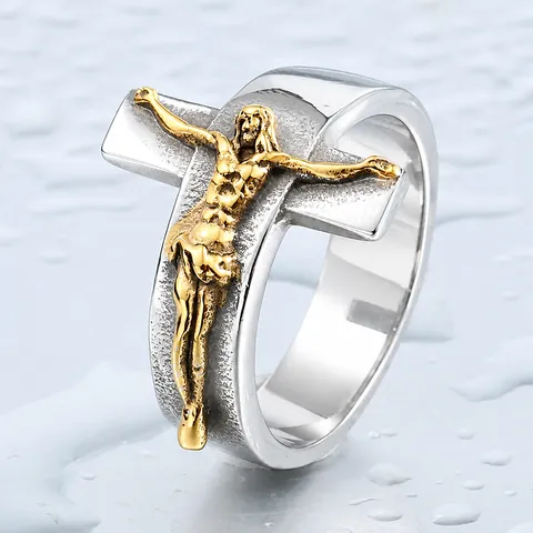 Vintage Stainless Steel Jesus Christ Crucifix Ring Men Gothic Religious Cross Band Two Tone Gold Silver Jewelry Ring