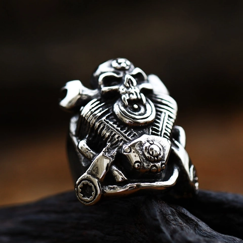 Bague de Motard en Acier Inoxydable Crâne Moteur pour Hommes Punk Gothique Mécanique Industrielle Bijoux de Moto Anneau de Doigt