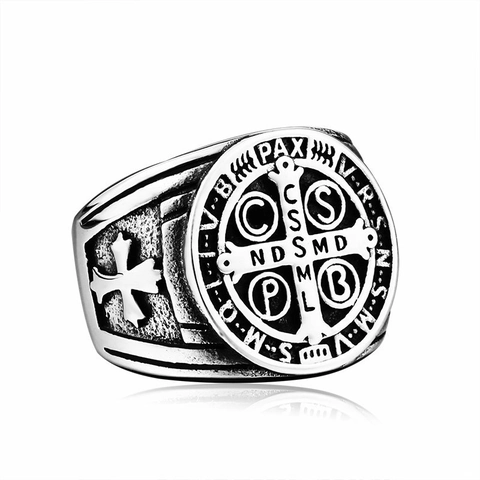 Vintage Saint Benedict Medal Ring Stainless Steel Men Religious Cross Signet Band Retro Polished Jewelry Gift For Him