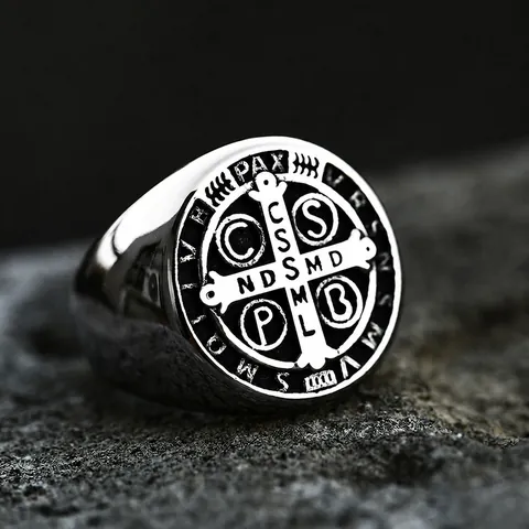 Vintage Saint Benedict Medal Ring Stainless Steel Men Religious Cross Signet Band Retro Polished Jewelry Gift For Him