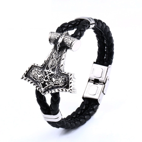 Men Viking Thor's Hammer Bracelet Vintage Stainless Steel Braided Leather Bangle Nordic Vegvisir Celtic Knot Jewelry