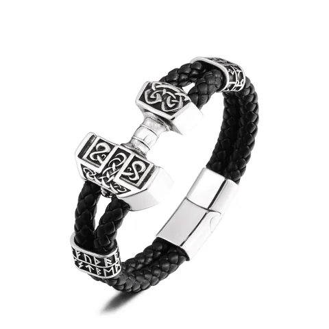 Vintage Viking Thor's Hammer Mjolnir Bracelet For Men Stainless Steel Leather Braided Rune Bangle Celtic Knot Nordic Jewelry