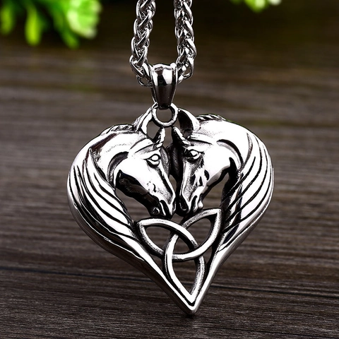 Vintage Stainless Steel Viking Celtic Knot Double Horse Head Heart Pendant For Men Women Nordic Mythology Jewelry Pendant Only