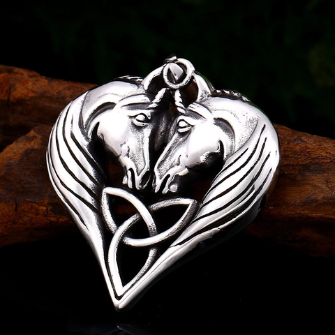 Vintage Stainless Steel Viking Celtic Knot Double Horse Head Heart Pendant For Men Women Nordic Mythology Jewelry Pendant Only