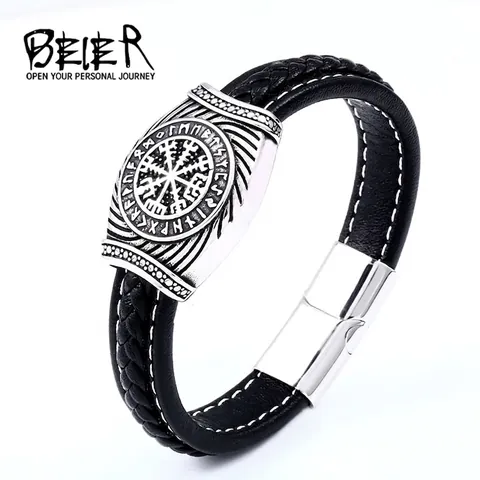 Bracelet Viking Nordique Symbole Odin Acier Inoxydable Cuir Homme Rétro Valknut Rune Cuir Tressé Bangle Punk Magnétique Bijoux