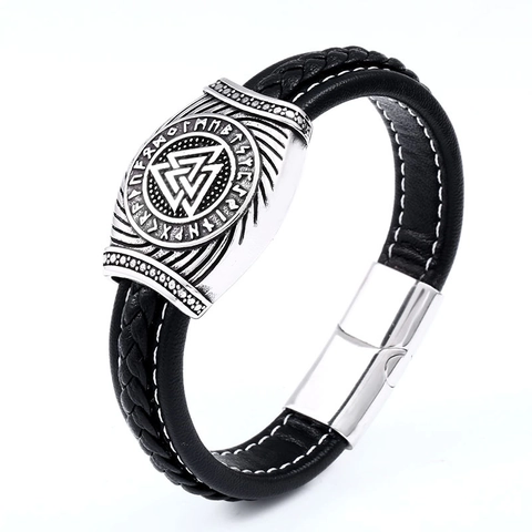 Bracelet Viking Nordique Symbole Odin Acier Inoxydable Cuir Homme Rétro Valknut Rune Cuir Tressé Bangle Punk Magnétique Bijoux