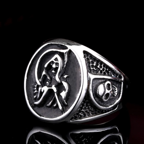Vintage Gothic Stainless Steel Grim Reaper Skull Ring For Men Punk Rock Biker Scythe Relief Distressed Finger Ring Jewelry