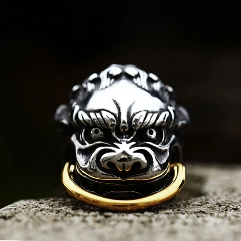 Vintage Men Stainless Steel Lion Head Guardian Beast Ring With Gold Nose Ring Rock Hip Hop Punk Carved Jewelry Finger Ring
