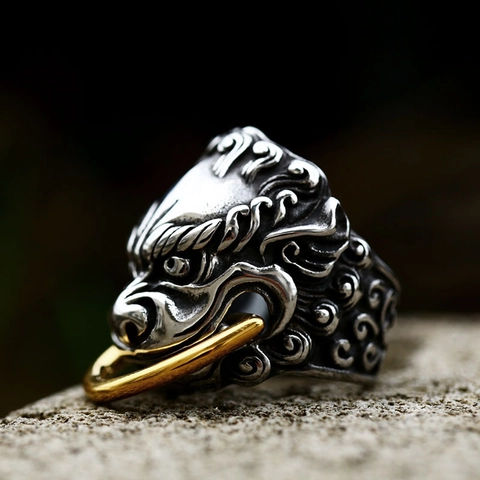 Vintage Men Stainless Steel Lion Head Guardian Beast Ring With Gold Nose Ring Rock Hip Hop Punk Carved Jewelry Finger Ring
